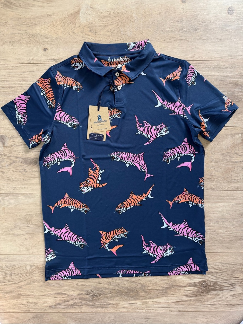 Chubbies Navy Kids' Polo Shirt with Pink & Orange Tiger Sharks